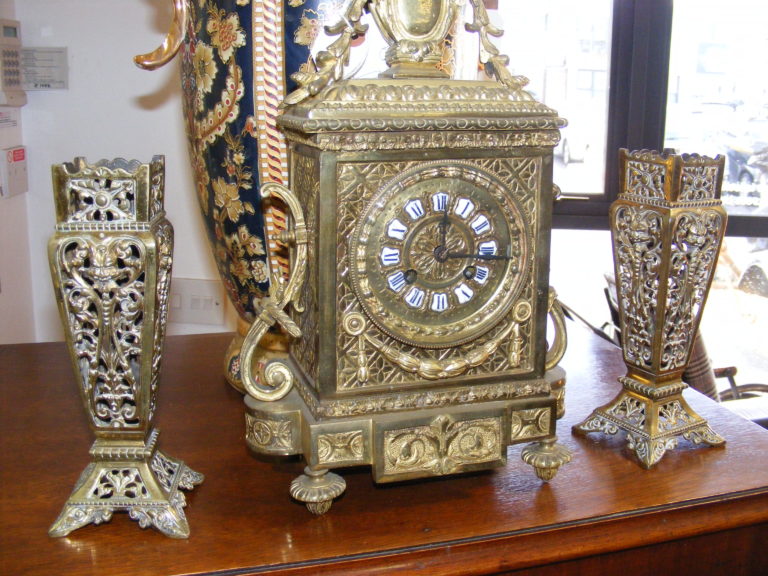 Antique Brass Clock with Matching Vases
