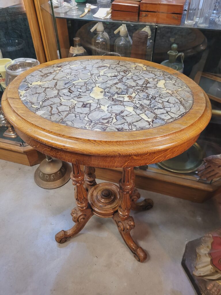 Ornate Oak Ecclesiastical Table w/ Marble-like Top
