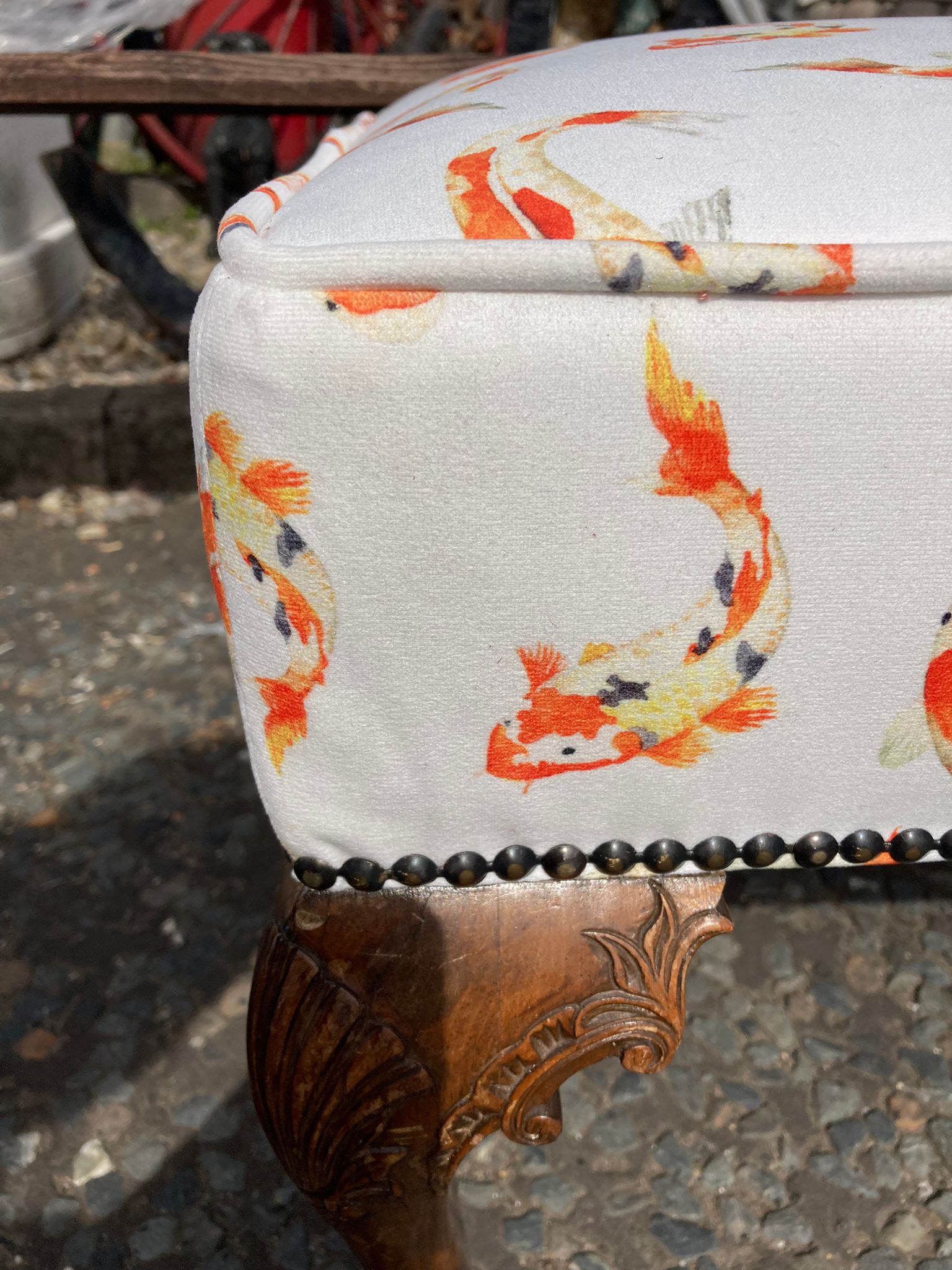 Victorian Stool with Ball and Claw Feet - Fish Pattern Upholstery - On ...