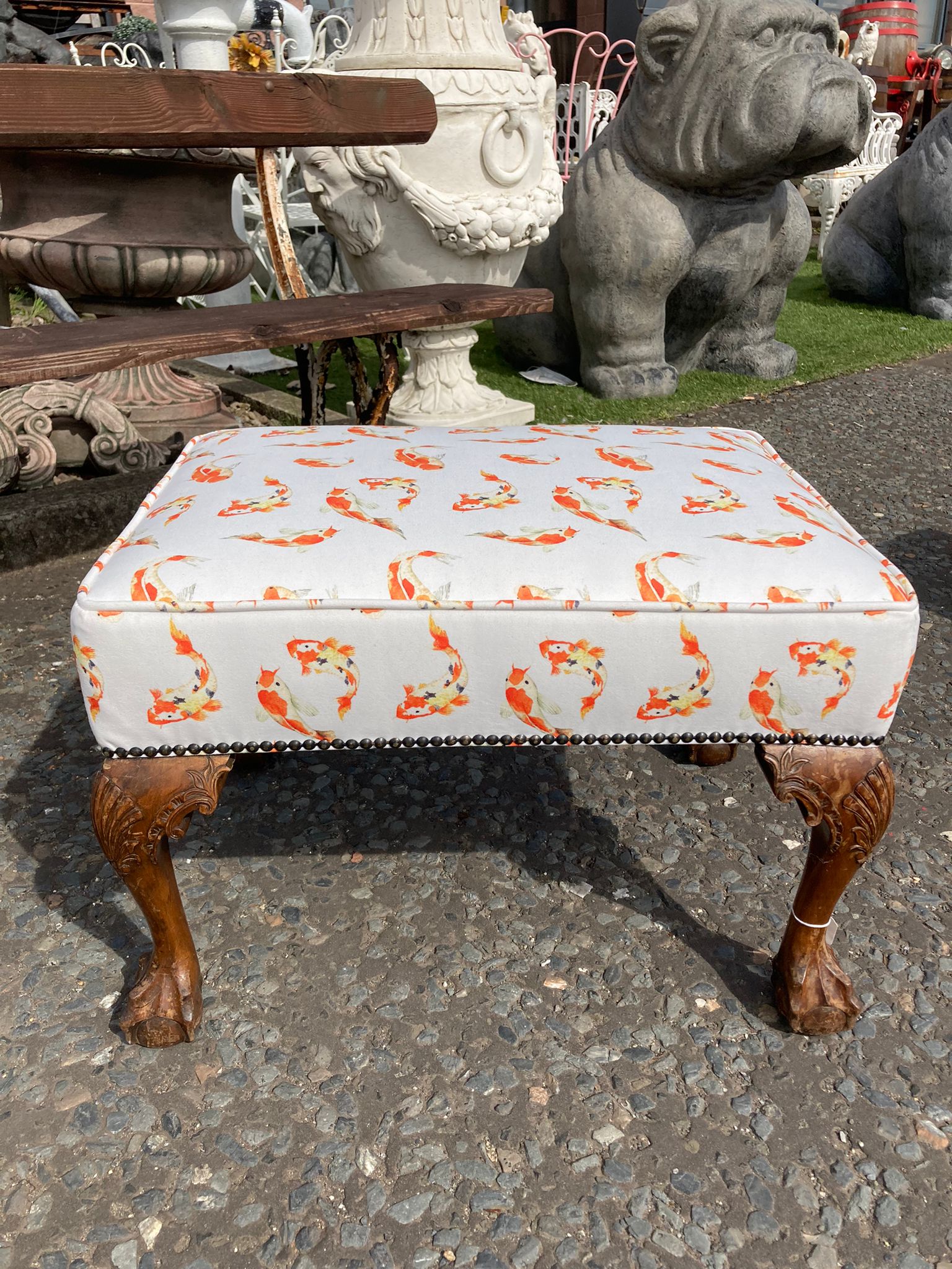 Victorian Stool with Ball and Claw Feet – Fish Pattern Upholstery