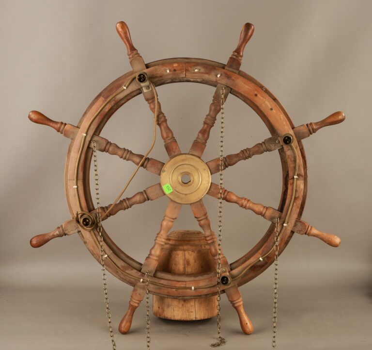 Antique Wood and Brass Ships Wheel Chandelier