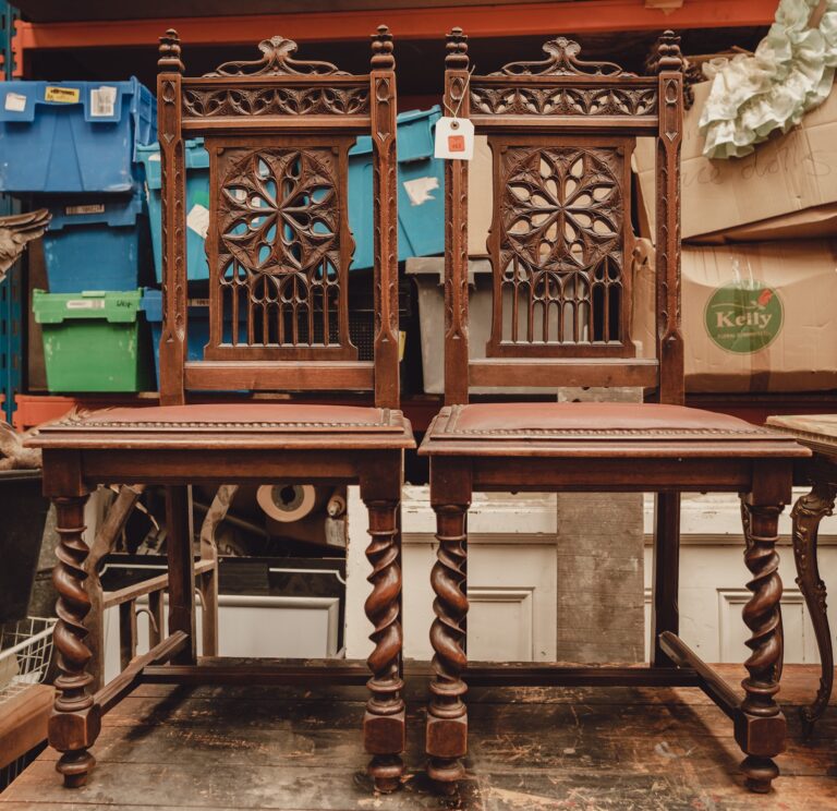 Set of 6 Ornate Wood and Leather Seated Chairs