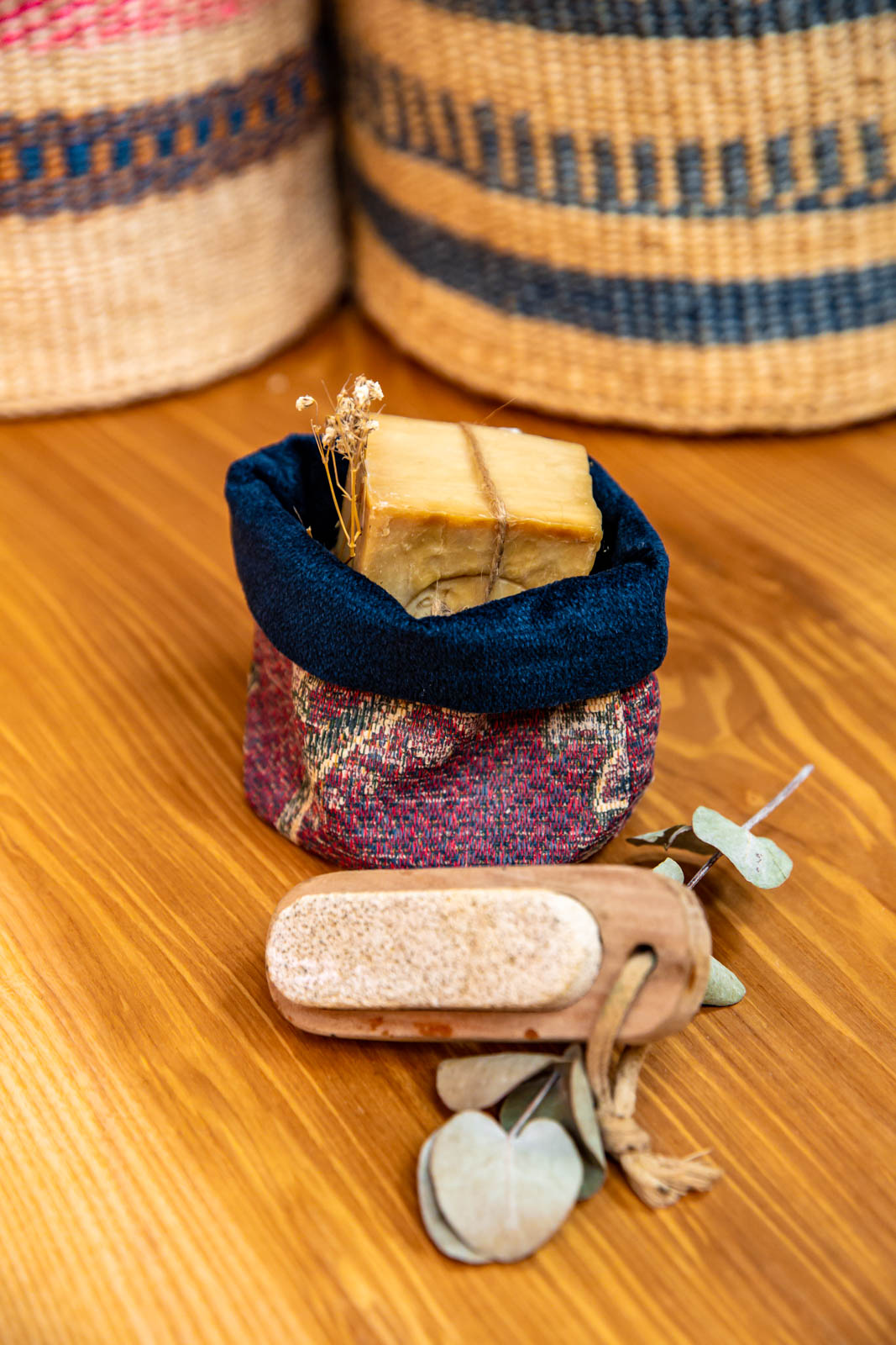 Pink Floral x Navy Velvet Handmade Fabric Pot