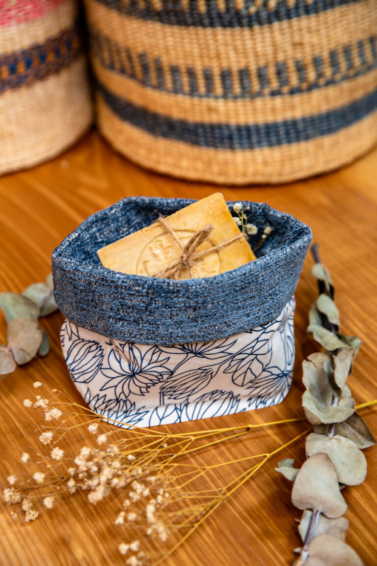 White Floral x Blue Handmade Fabric Pot