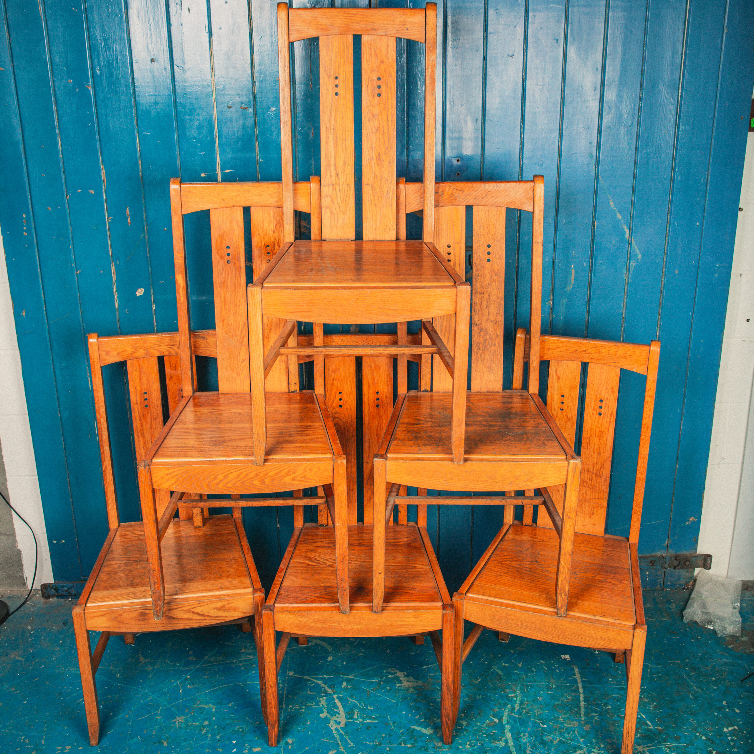 Six Mackintosh-style Blonde Oak Dining Chairs