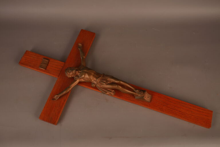 Large Spelter & Oak Crucifix