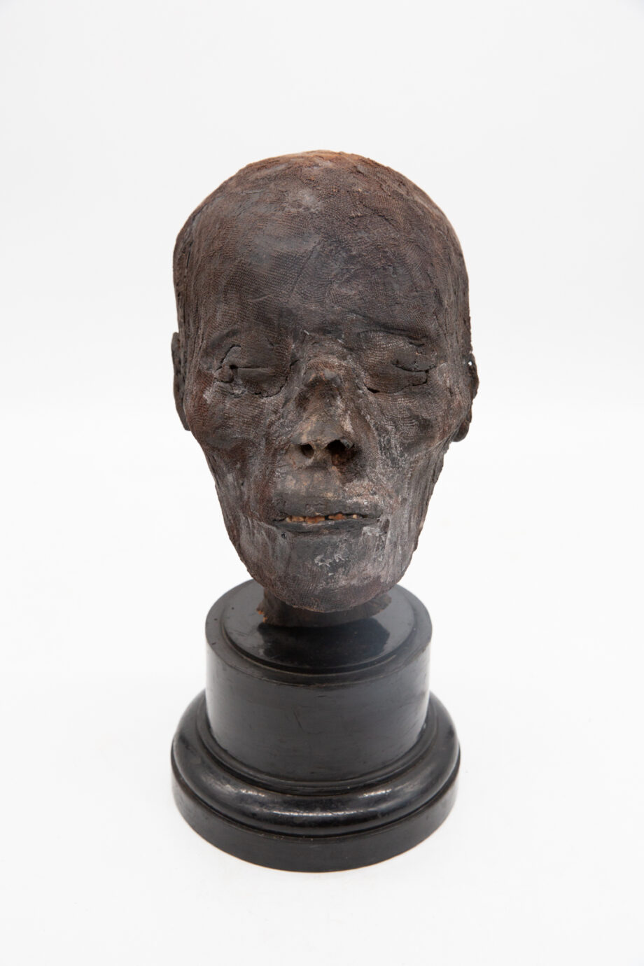 Ancient mummy head on pedestal with white background