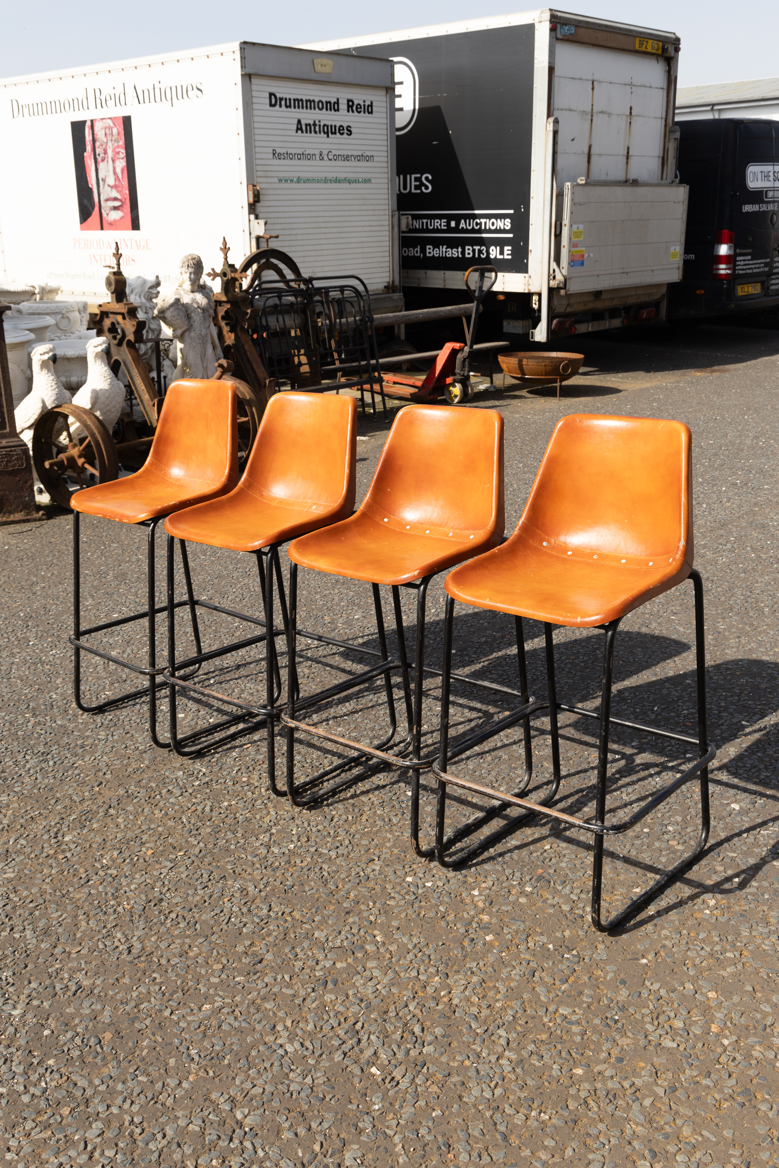 Set of 4 Cognac Leather Bar Stools