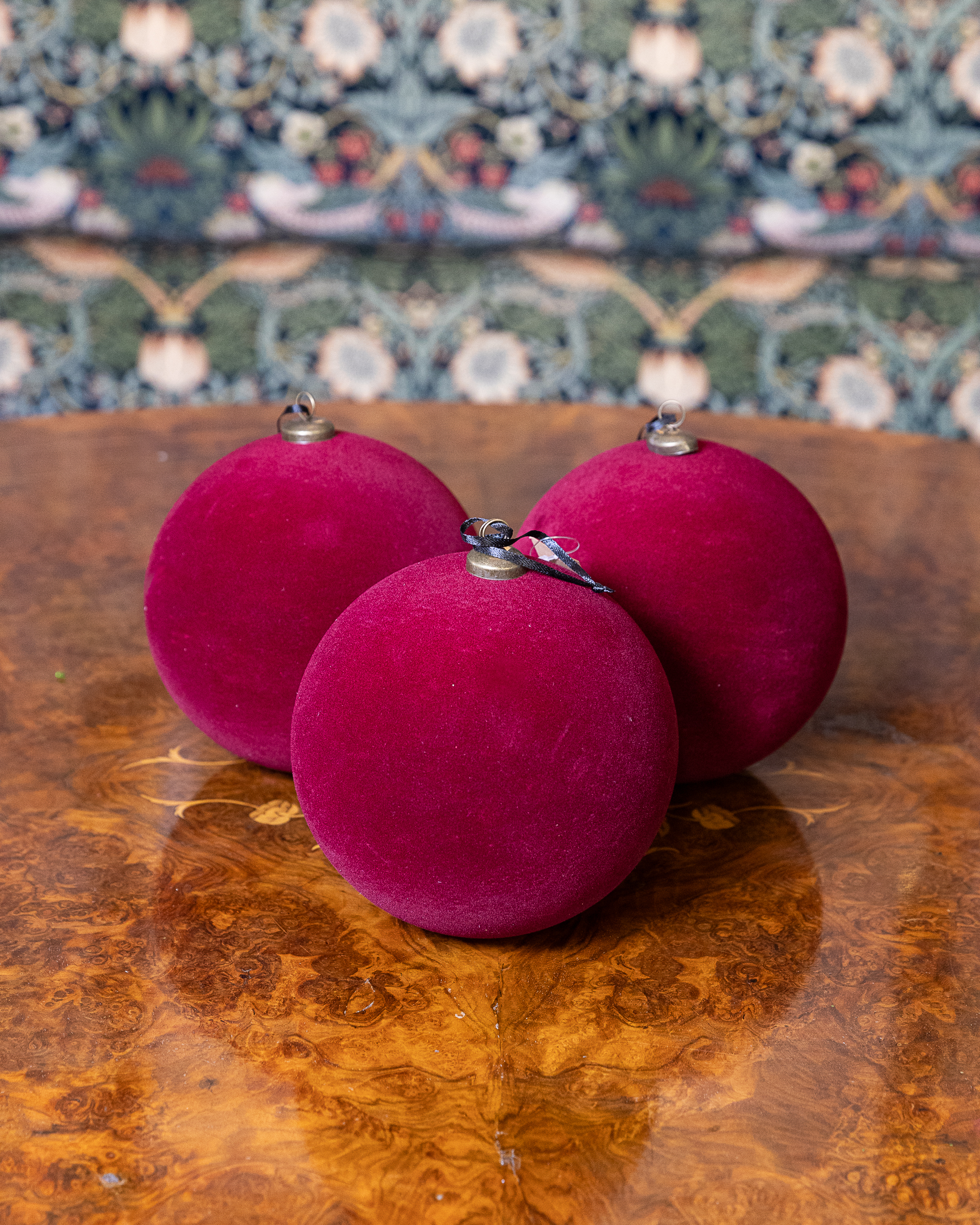 15cm Flock Bauble Set of 3 – Burgundy