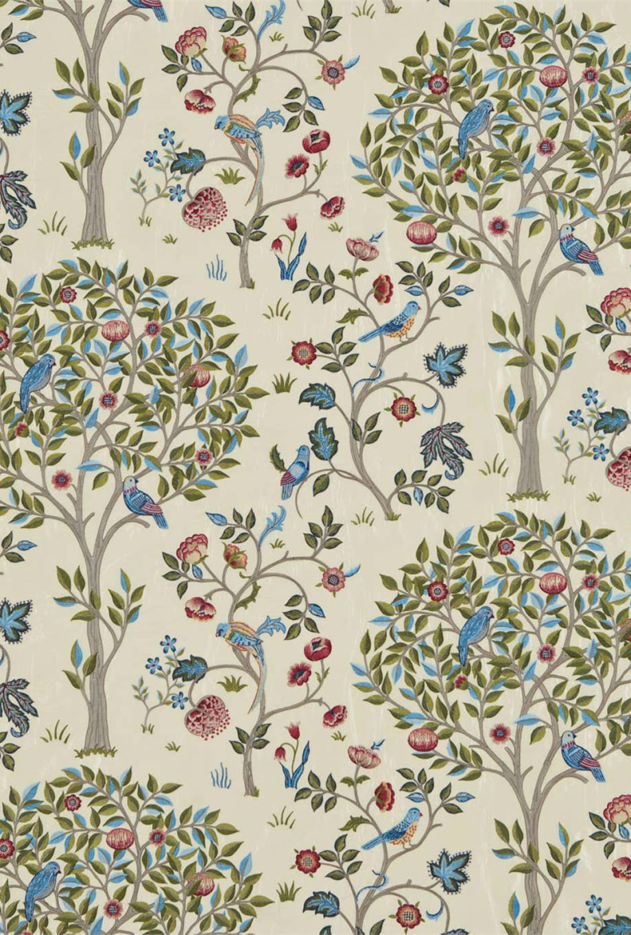 A cream fabric with trees and flowers 