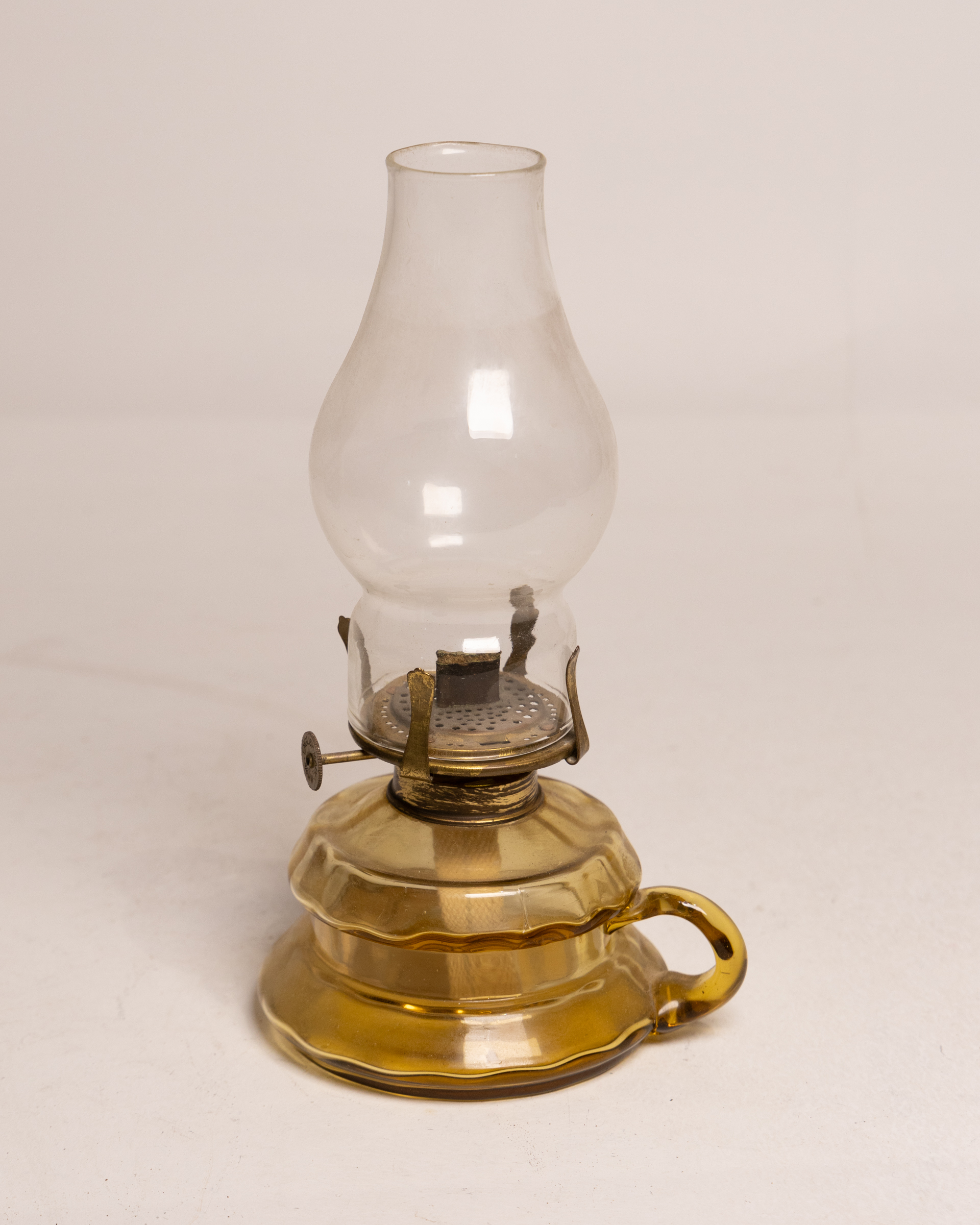 Victorian Brass Finger Oil Lamp with Glass Shade