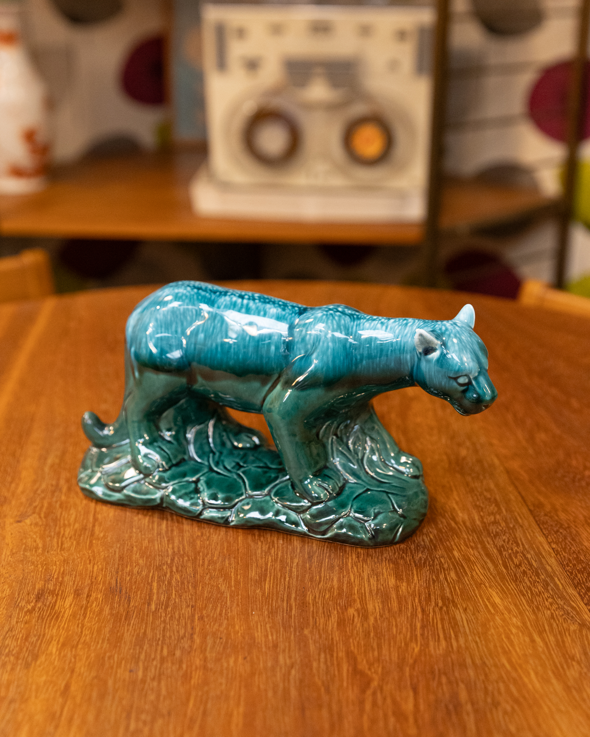 Mid-Century Blue Glazed Ceramic Mountain Lion Statue