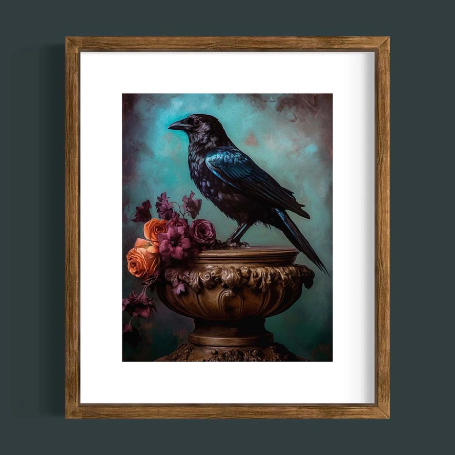 Gothic Raven and Floral Still Life Wall Art