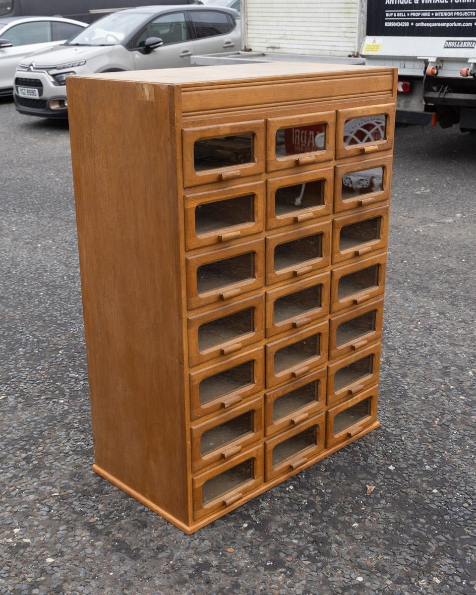 Vintage Wooden Haberdashery Cabinet with 21 Glass Drawers