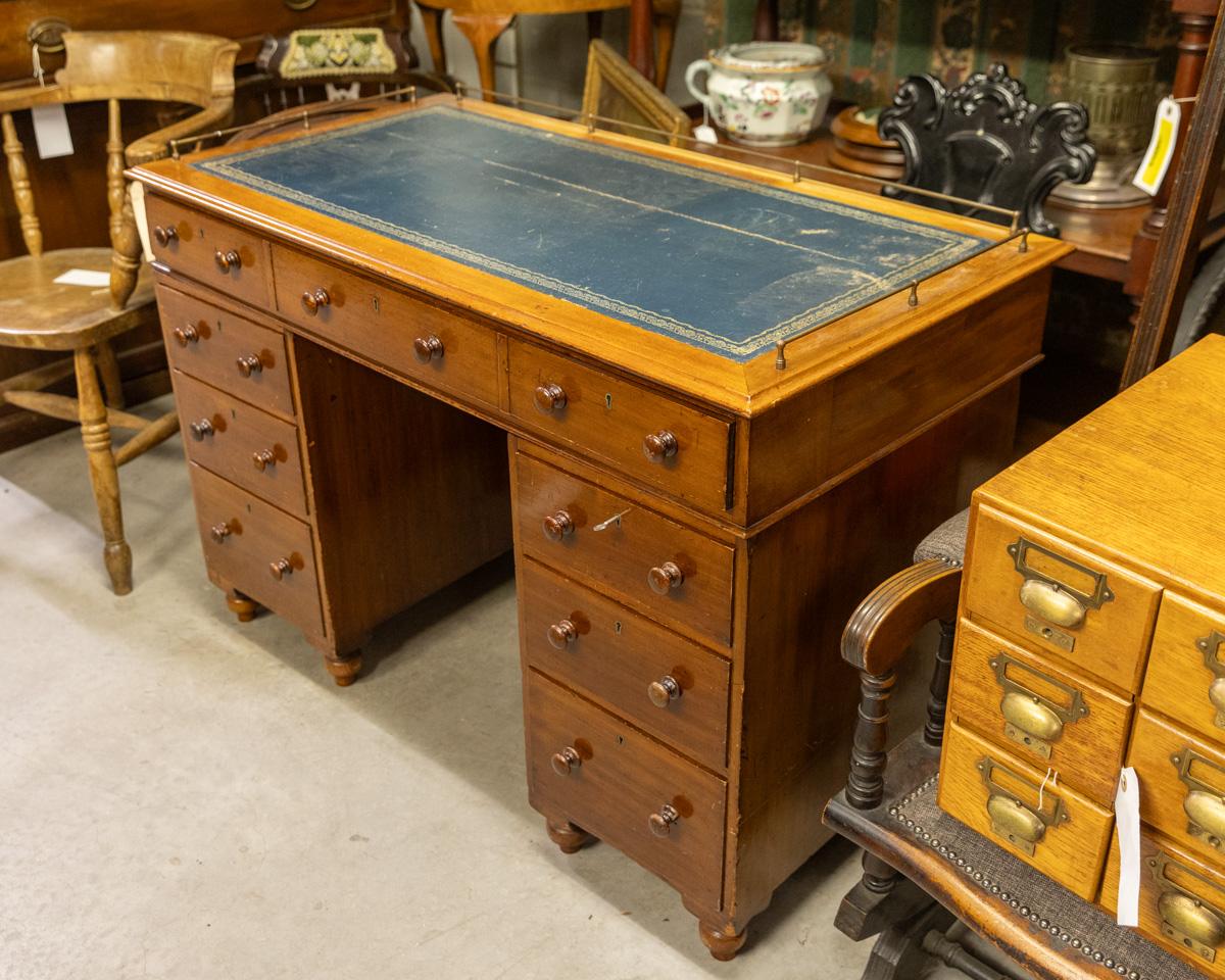 Vintage Wooden Pedestal Desk with Blue Leather Top