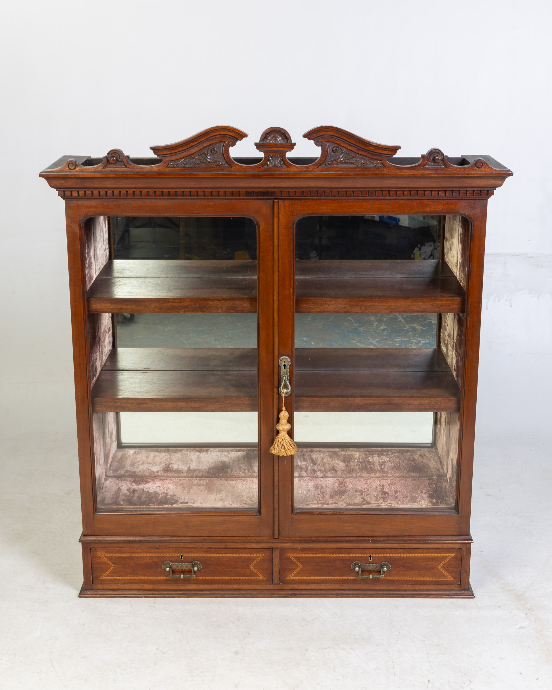 Antique Mahogany Display Cabinet w/ Inlay & Mirrored Back