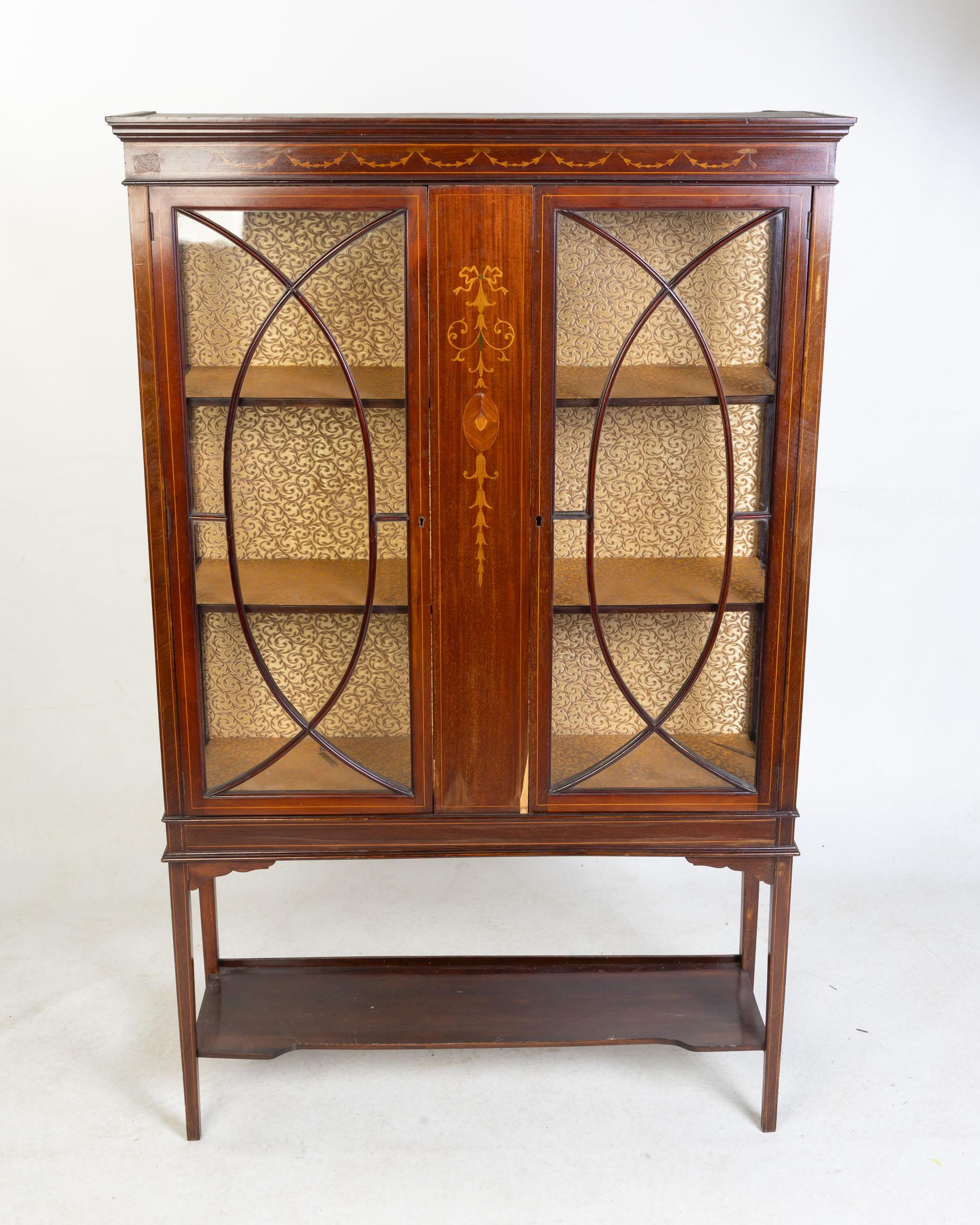 Antique Inlaid Mahogany Display Cabinet on Stand