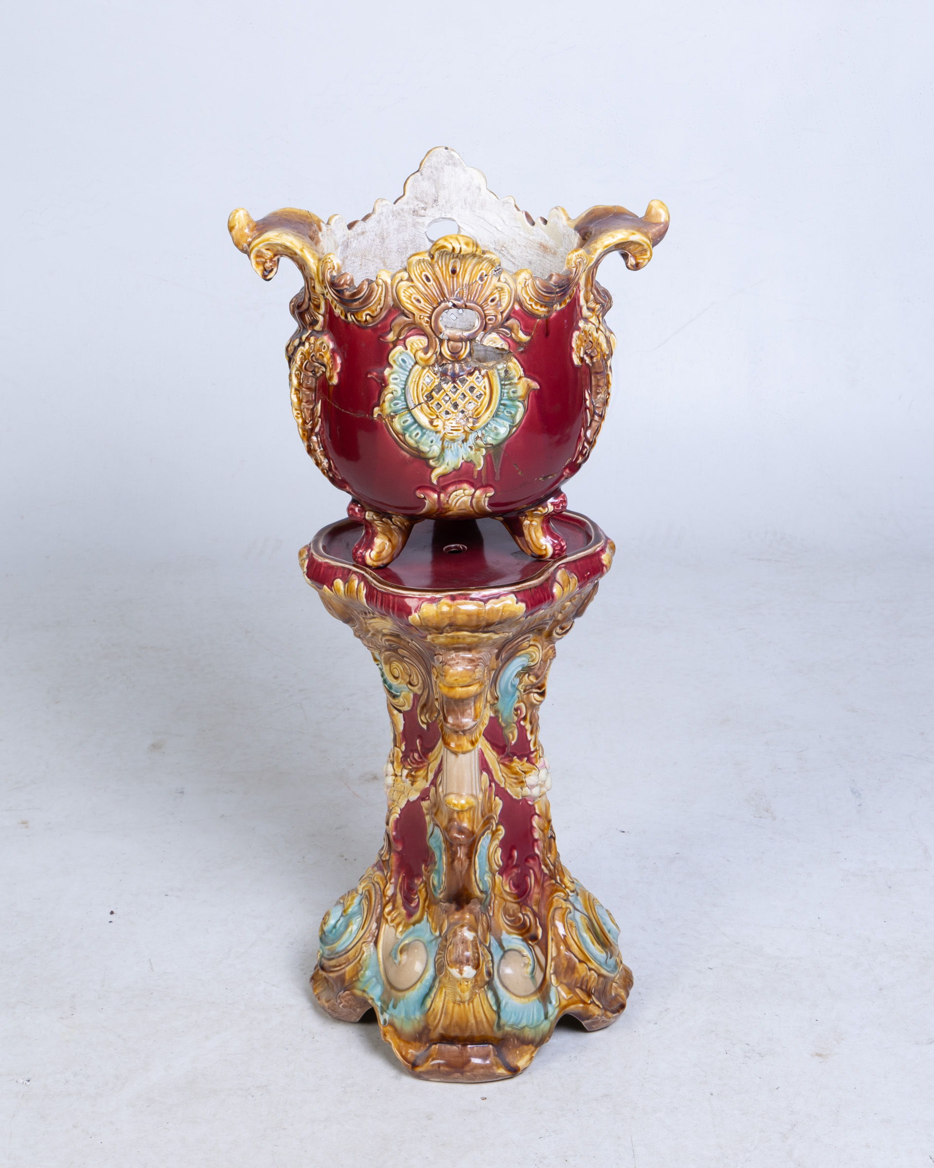 Majolica Rococo Style Jardiniere on Pedestal