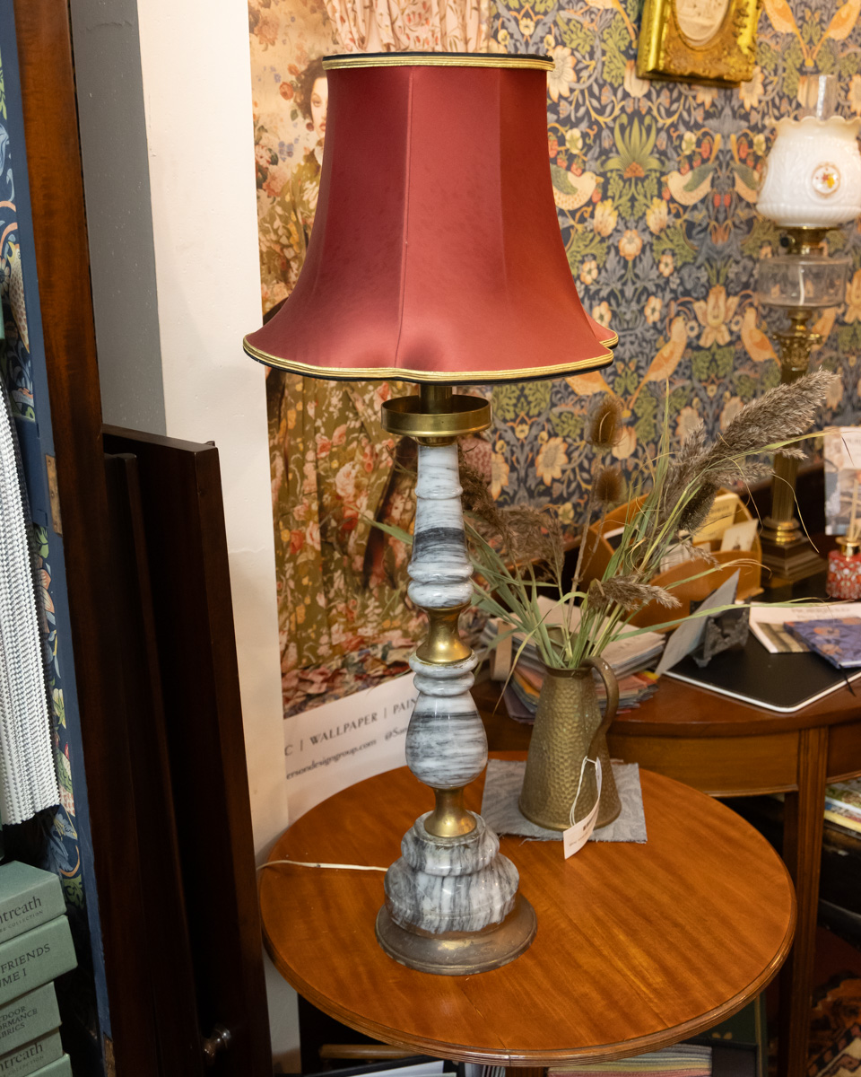 Vintage Marble & Brass Table Lamp with Red Shade