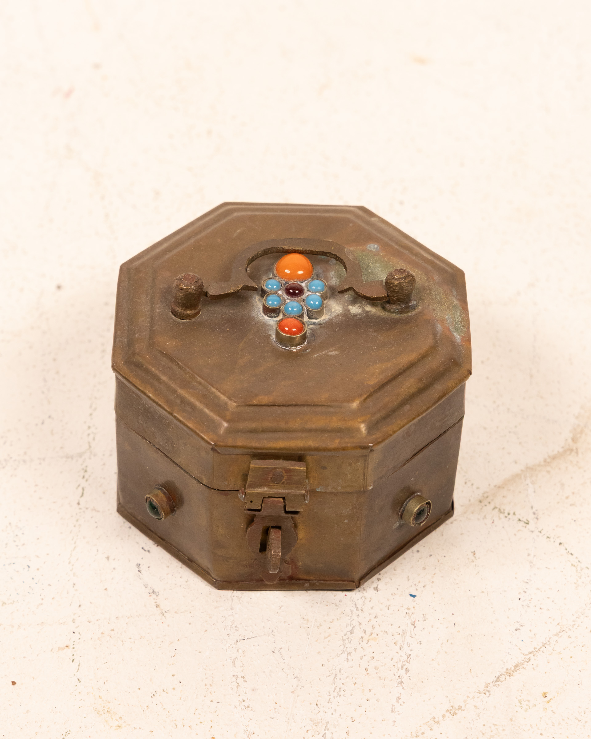 Antique Brass Trinket Box with Stone Detail