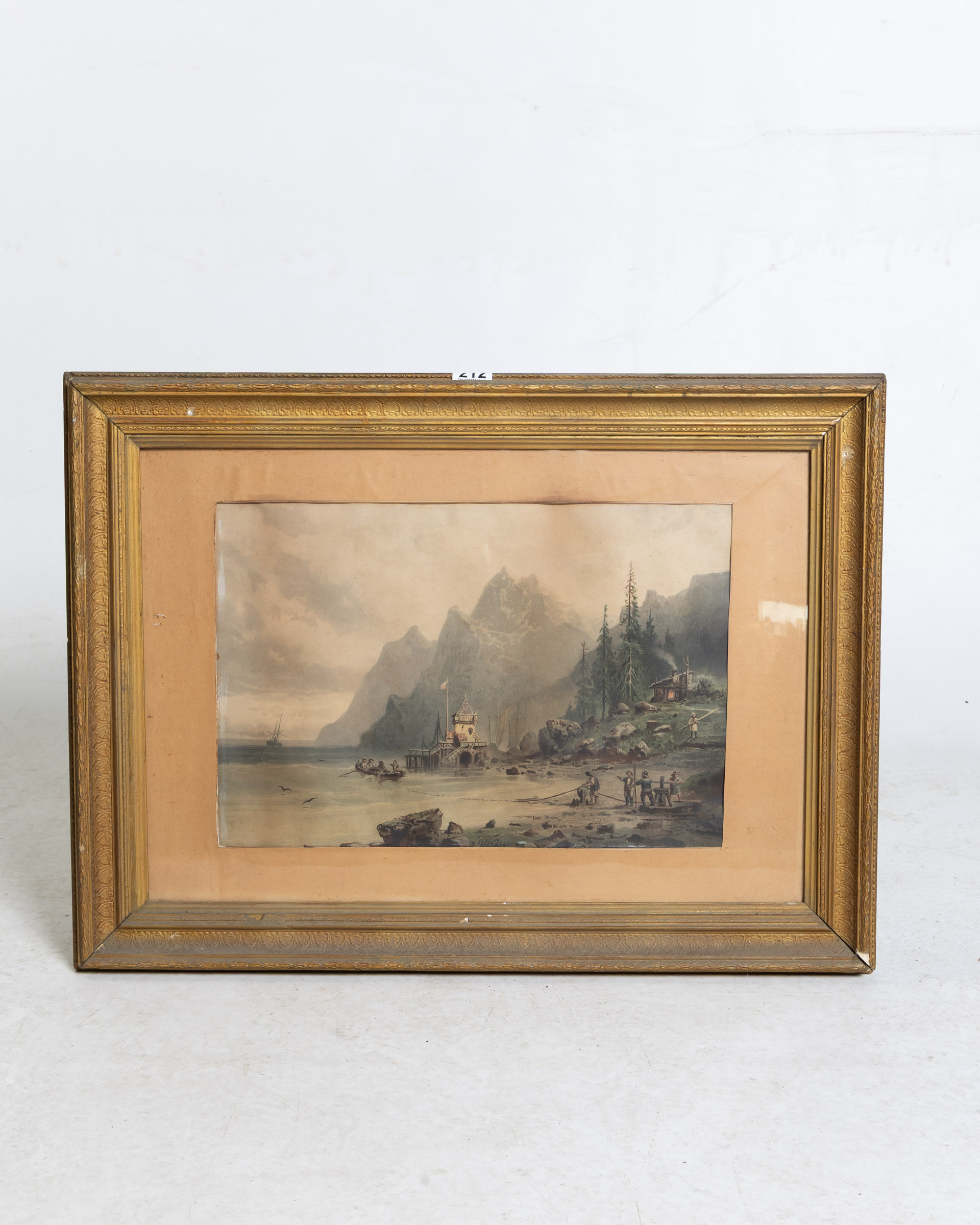Vintage Framed Watercolour Painting – Mountain & Lake Scene