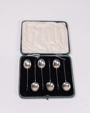 Cased Set of 6 Vintage Solid Silver & Ebony Coffee Spoons