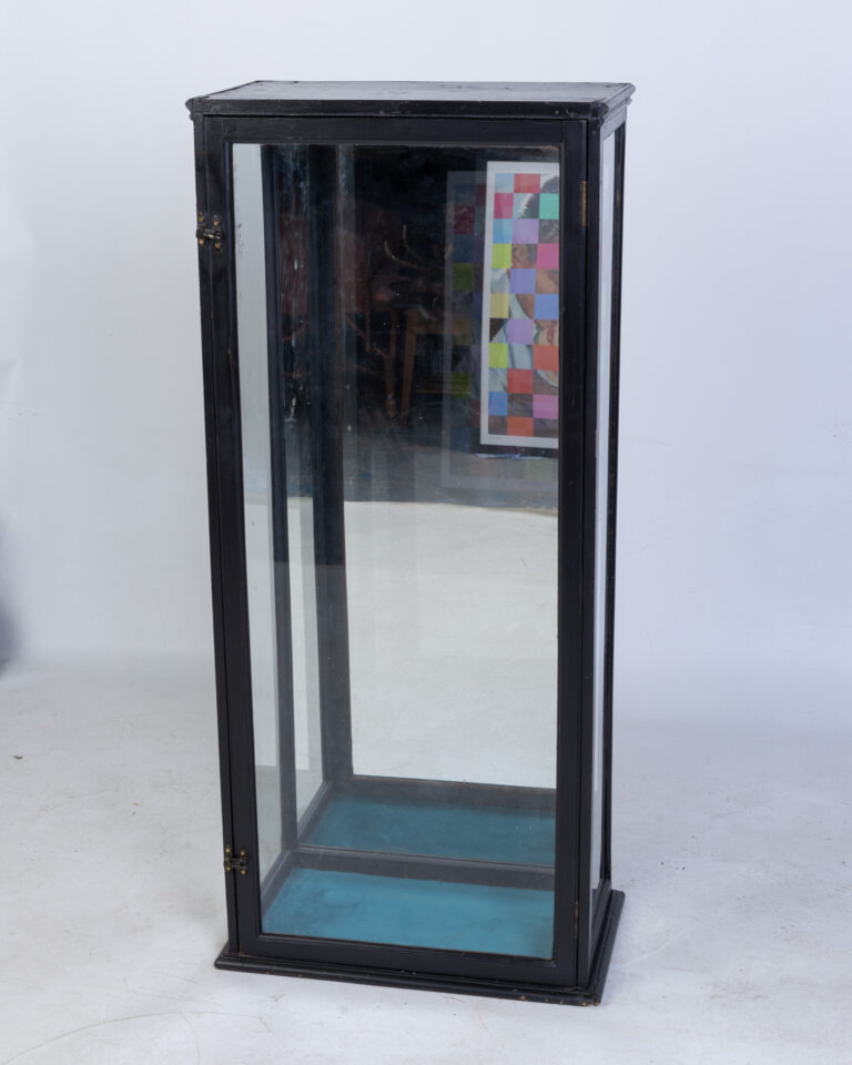 Tall Glass Display Cabinet with Black Frame & Blue Fabric Interior