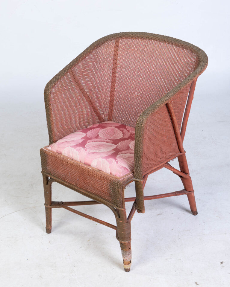 Vintage Lloyd Loom Style Wicker Chair with Pink Floral Cushion