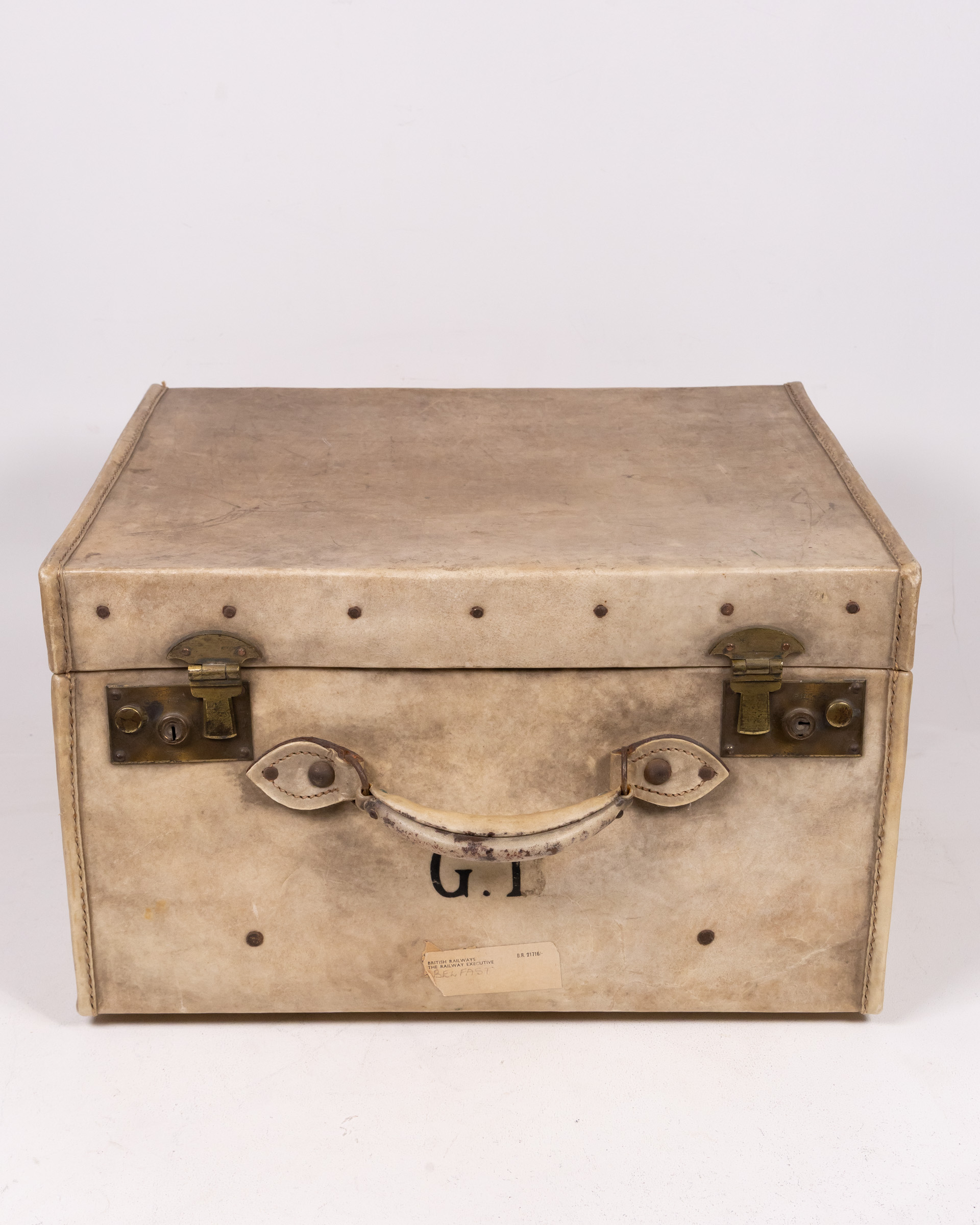 Vintage Cream Travel Trunk with Leather Handle & Metal Hardware