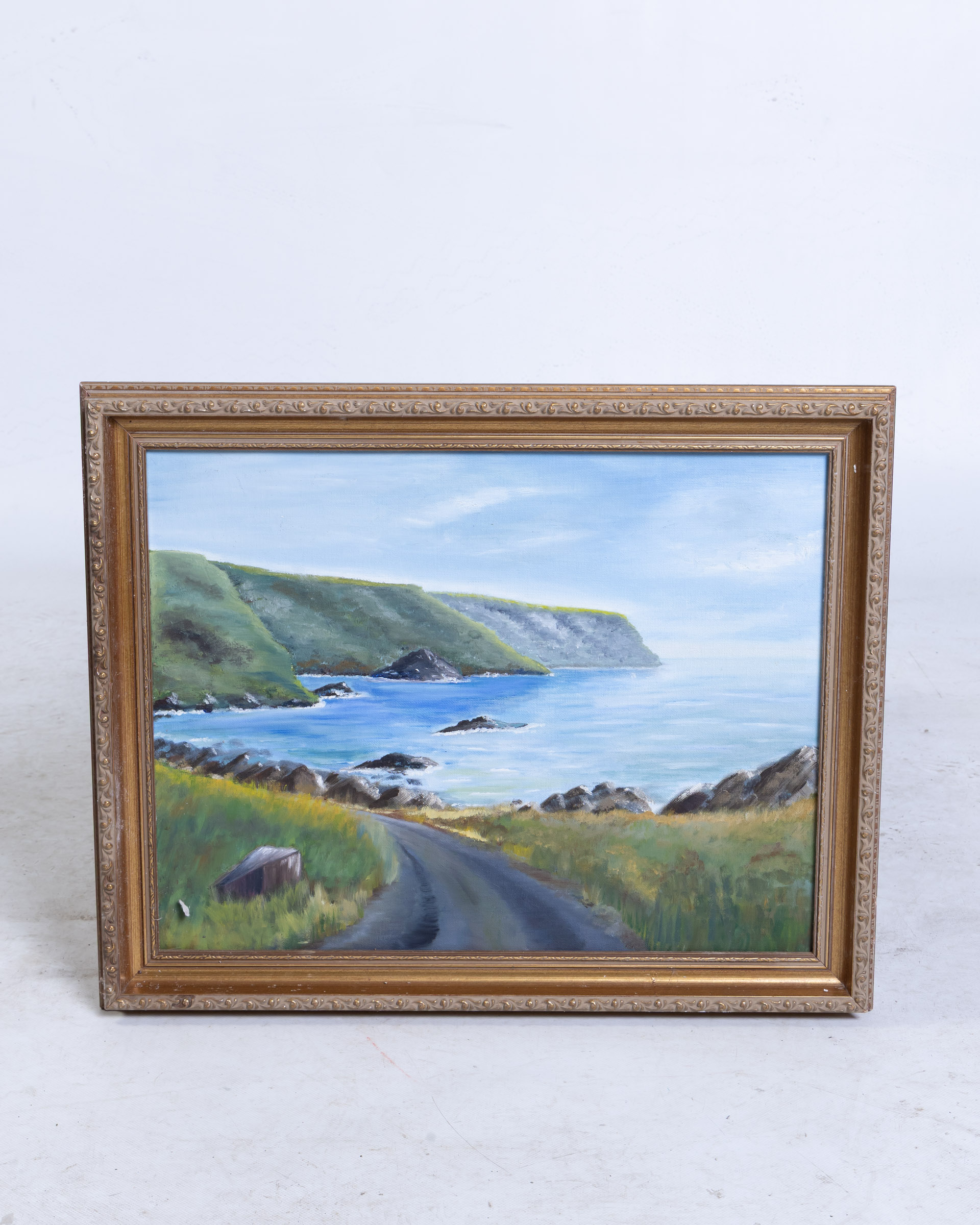 Framed Coastal Landscape Painting with Ornate Gold Coloured Frame