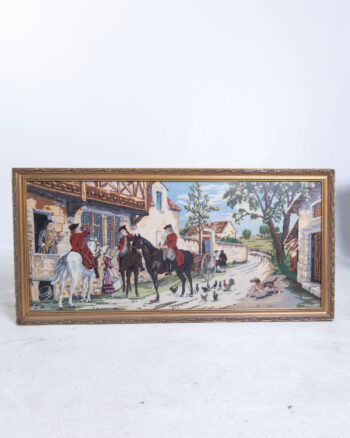 Framed Needlepoint Artwork of Rural Scene with Ornate Gold Tone Frame