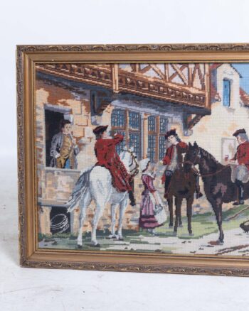 Framed Needlepoint Artwork of Rural Scene with Ornate Gold Tone Frame