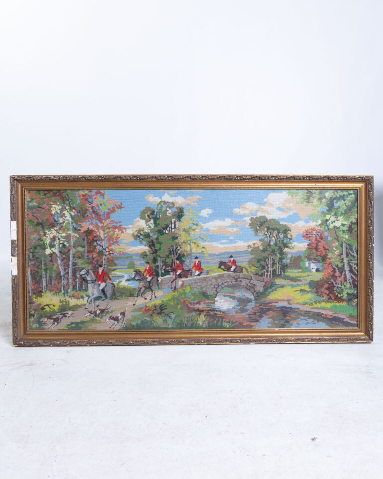 Vintage Framed Needlepoint Tapestry of a Fox Hunt Scene