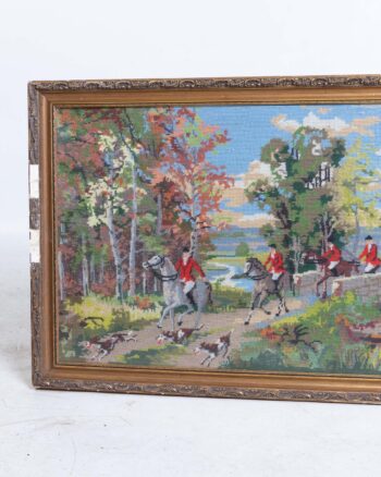 Vintage Framed Needlepoint Tapestry of a Fox Hunt Scene