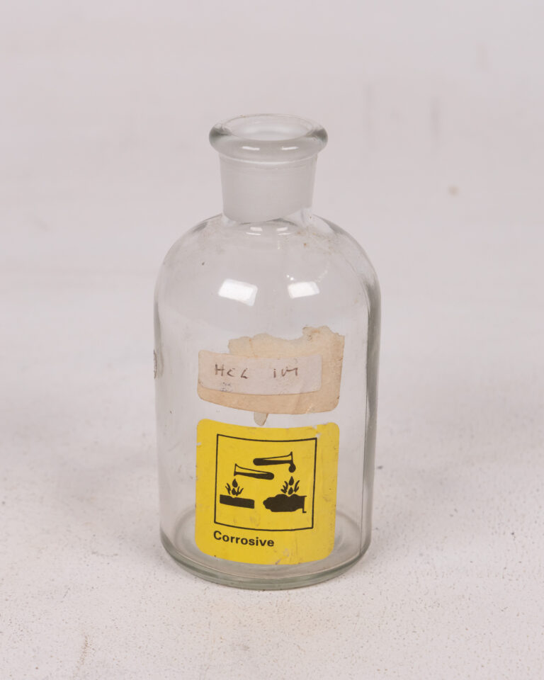 Vintage Clear Glass Lab Bottle with Corrosive Hazard Label
