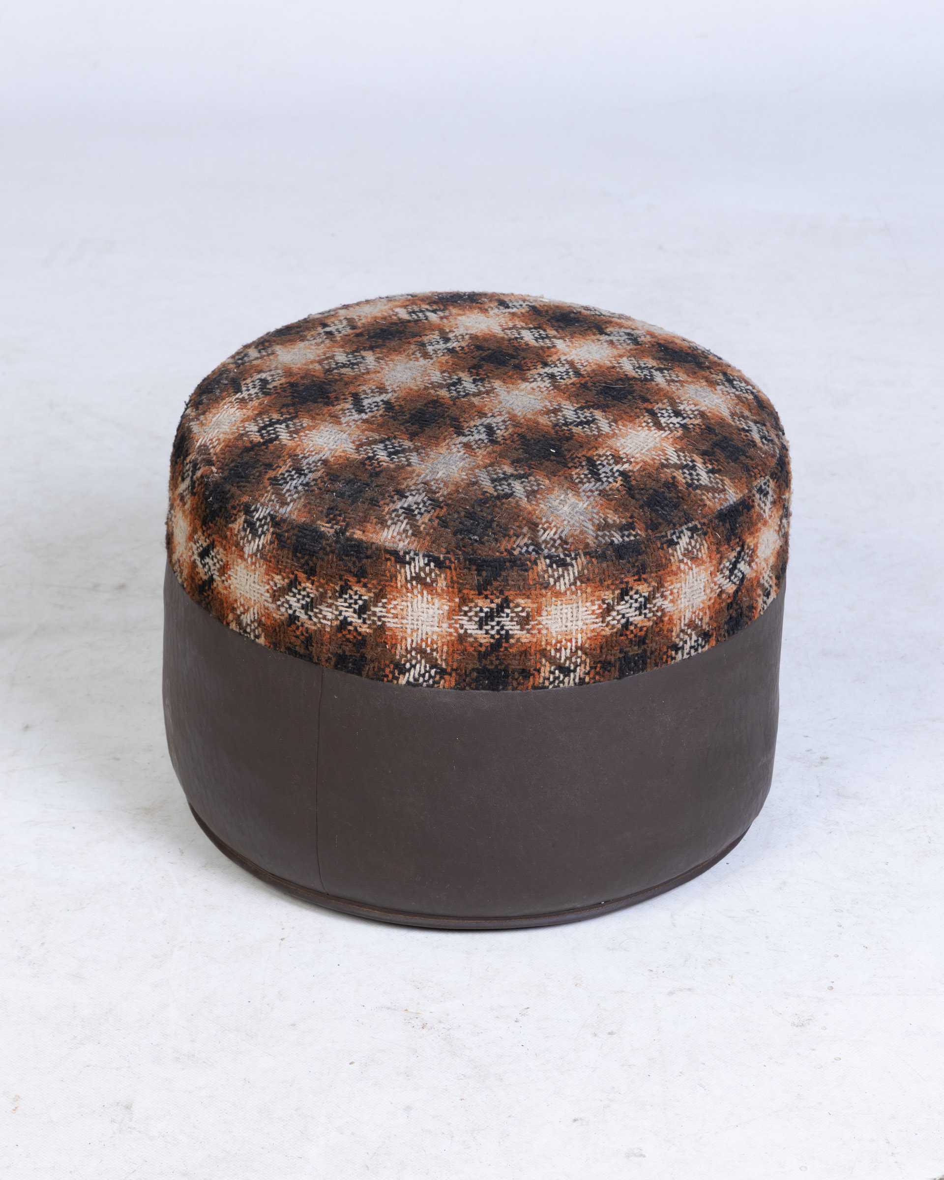 Round Footstool / Ottoman with Padded Plaid Fabric