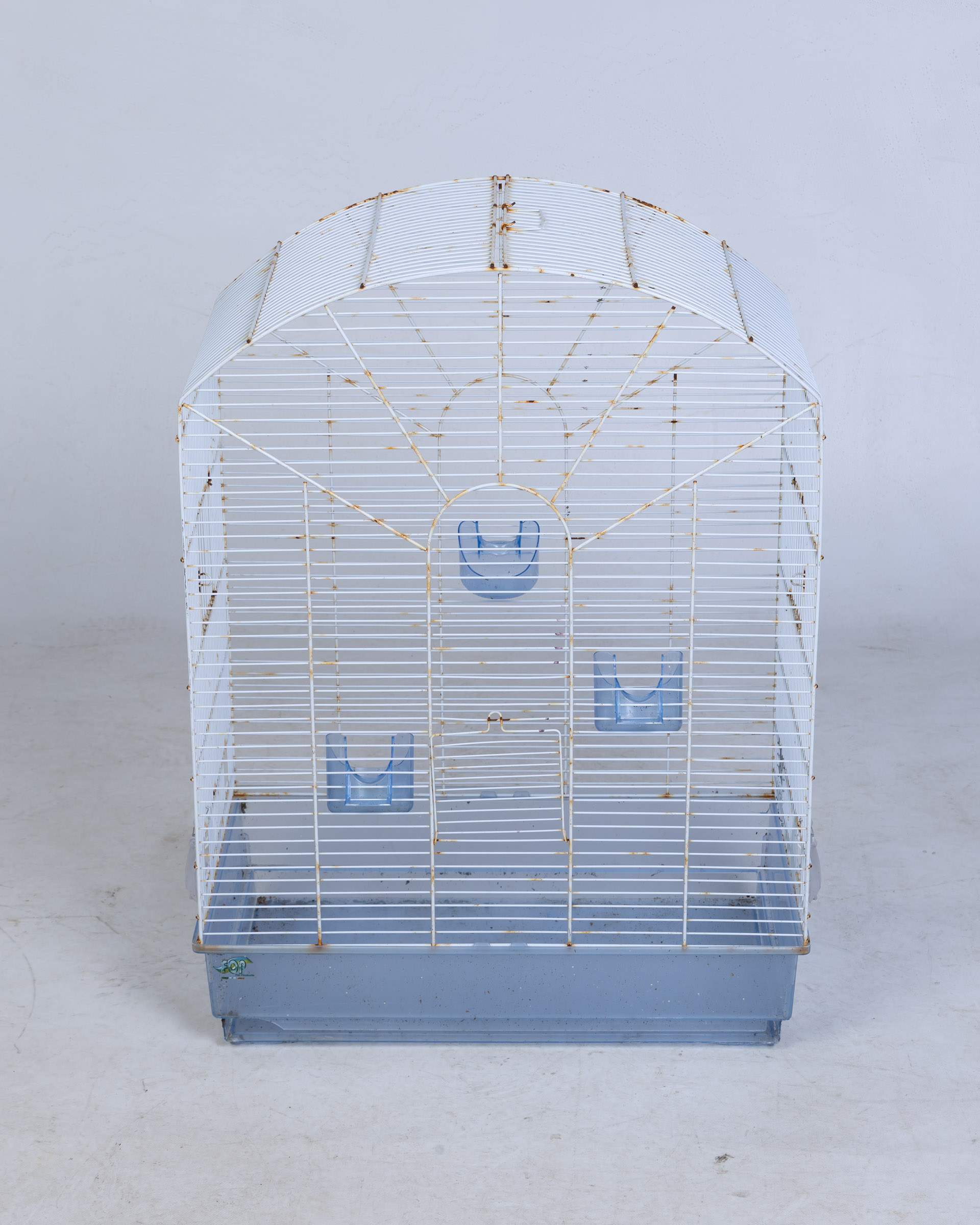 Curated visual reference: Gallery Detail: Vintage Style White Metal Bird Cage With Blue Base