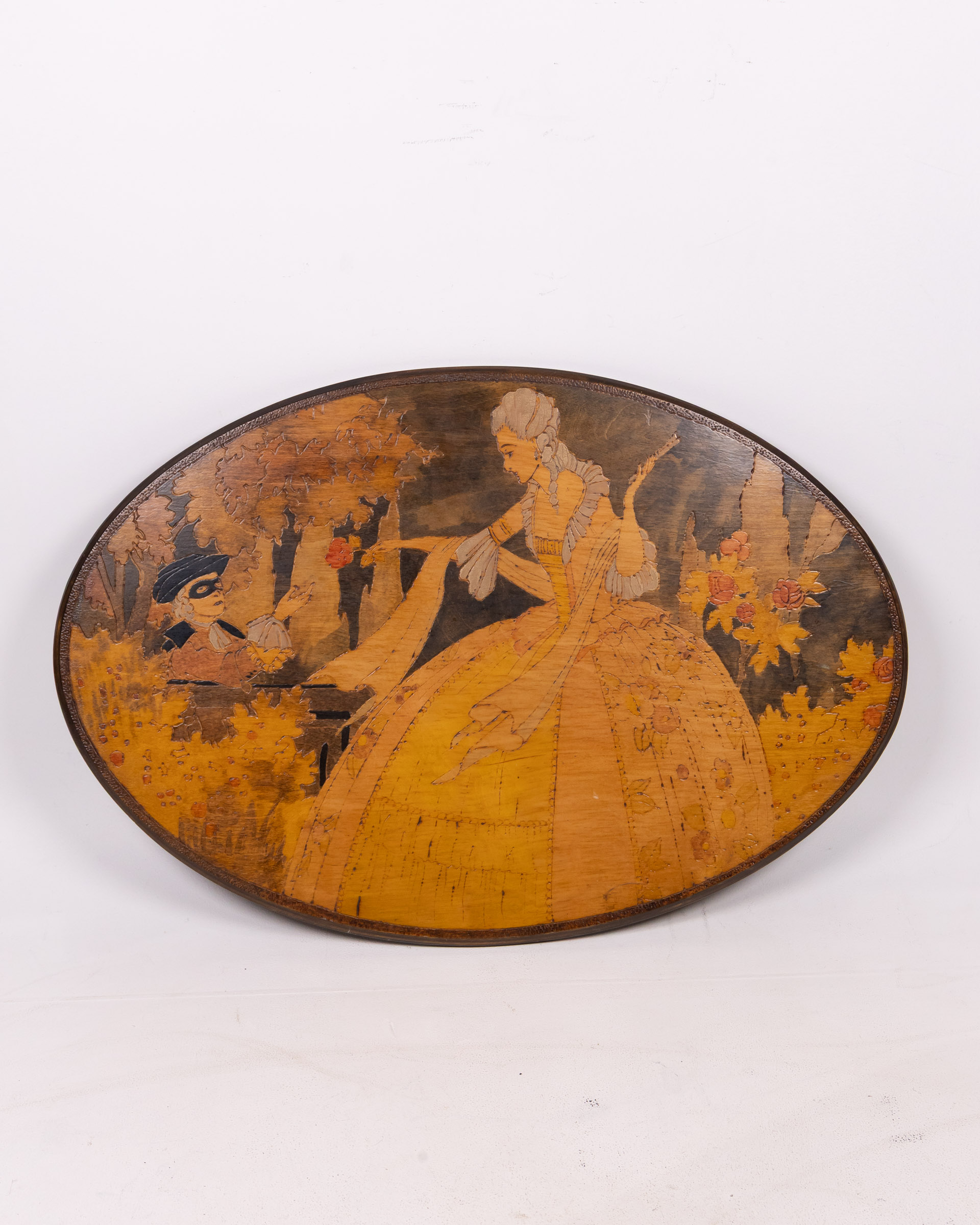 1930s Pokerwork Wooden Wall Art of a Masquerade Ball Scene