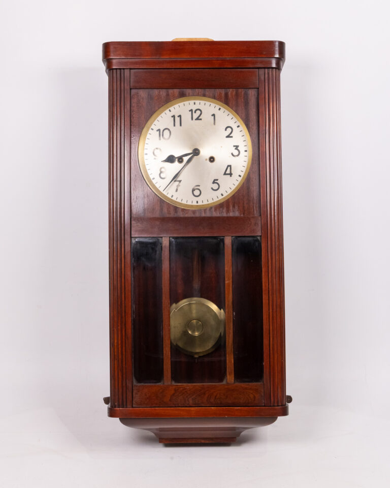German-Style Wooden Wall Clock with Glass Panels & Brass Pendulum
