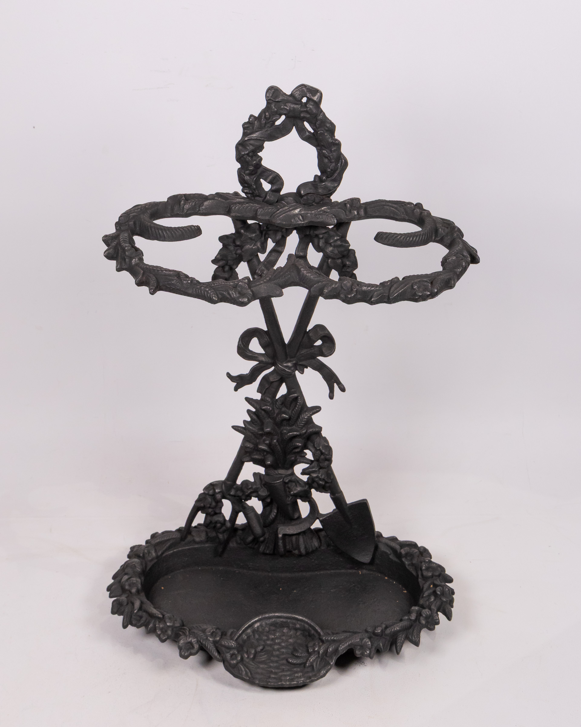 C1900s Black Cast Iron Umbrella Stand with Ornate Floral Details