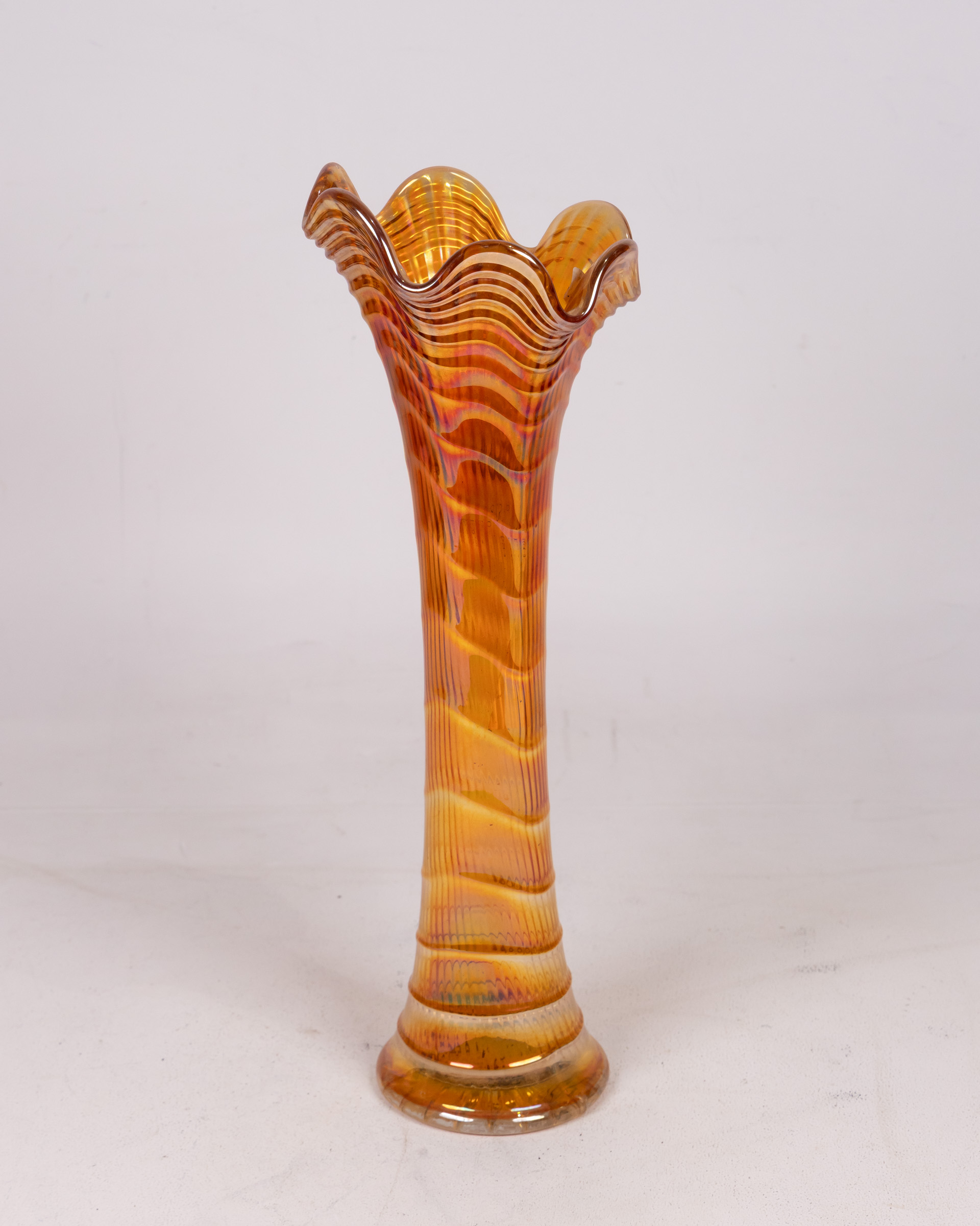 Imperial Orange Iridescent Carnival Glass Vase with Ruffled Rim
