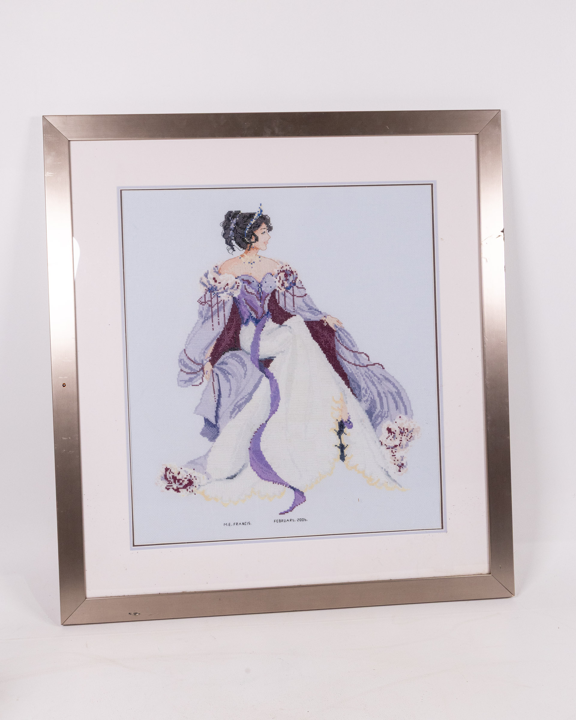Framed Cross Stitch Needlework Art of a Lady in Purple & White Dress