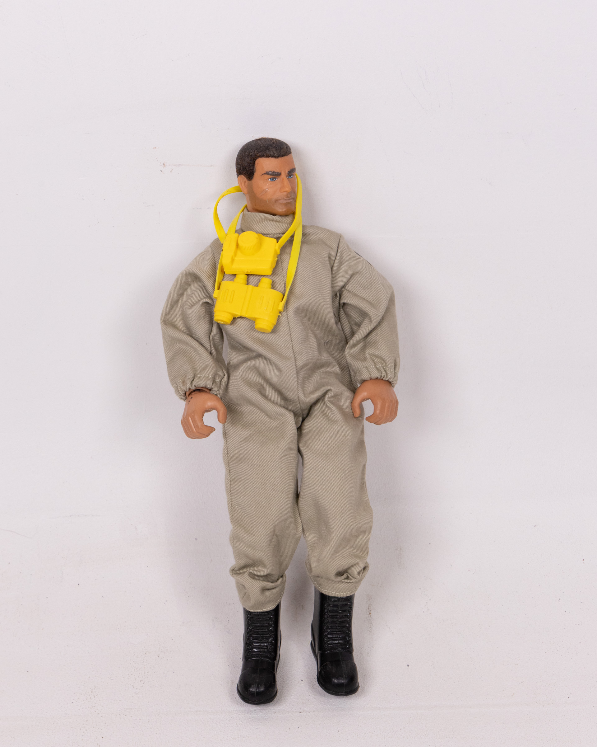 Vintage Action Man Figure in Grey Jumpsuit with Yellow Binoculars