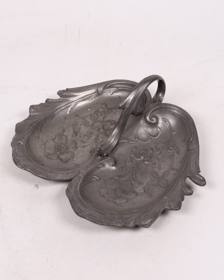 Vintage Pewter Twin Leaf Trinket Dish with Floral Detail and Handle