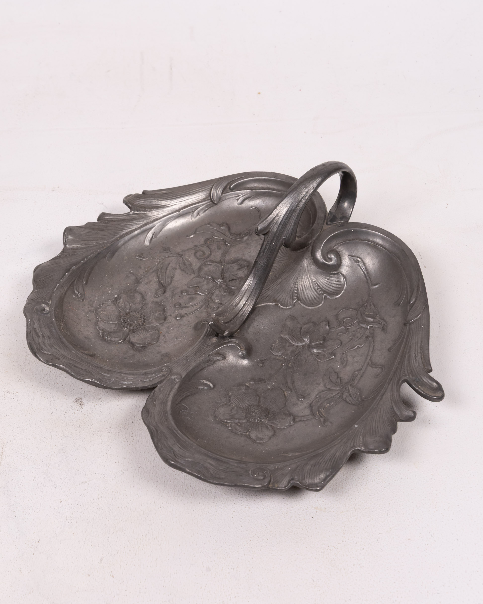 Vintage Pewter Twin Leaf Trinket Dish with Floral Detail and Handle