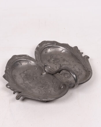 Vintage Pewter Twin Leaf Trinket Dish with Floral Detail and Handle