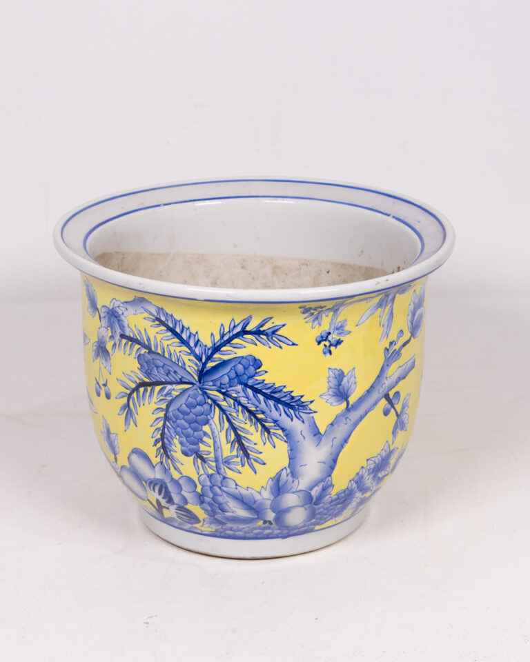 Vintage Yellow Ceramic Planter Pot with Blue Floral Design