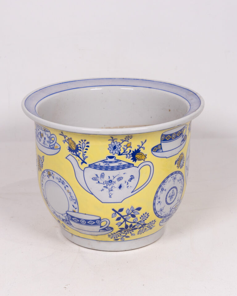Vintage Ceramic Yellow Planter Pot with Blue and White Tea Set Design