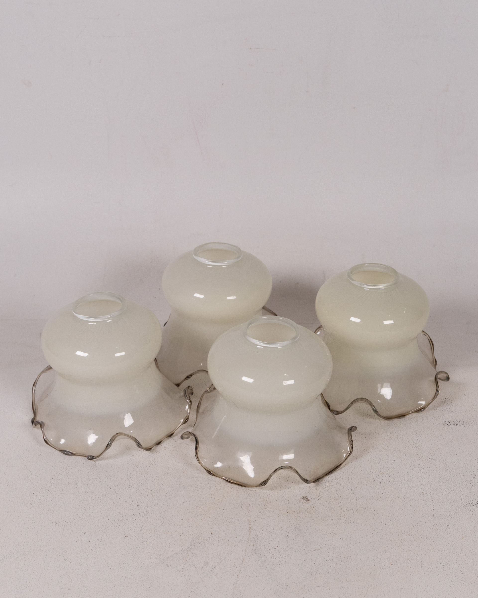 Set of Four Vintage White Glass Floral Light Shades with Silver Rims