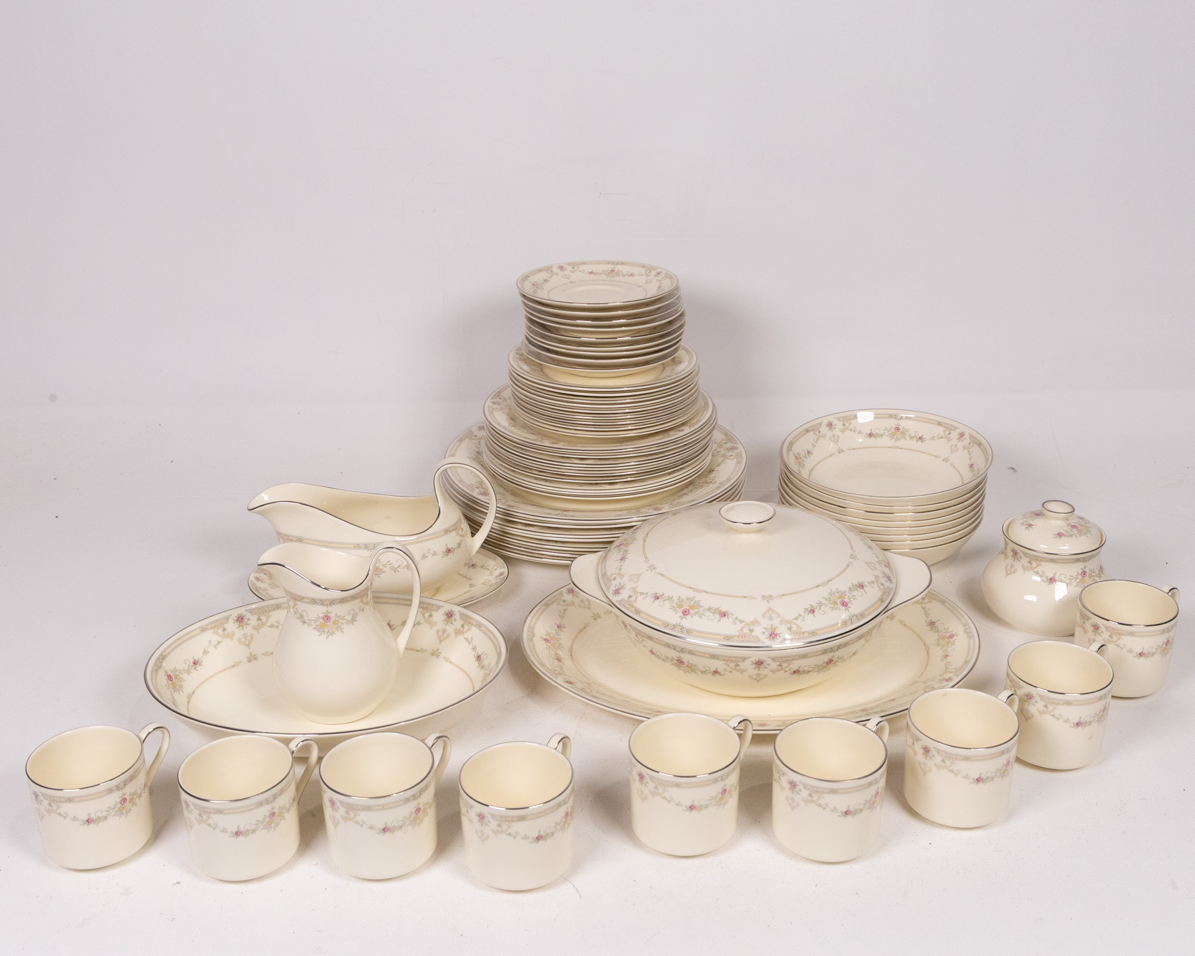 Vintage Floral Ceramic Dinnerware Set with Silver Trim